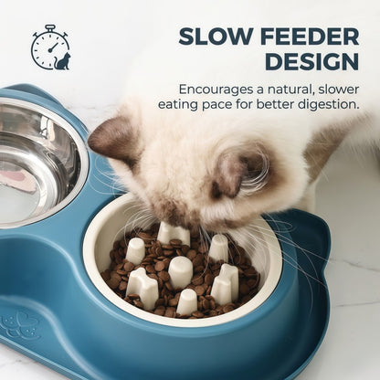 2-in-1 Double Dog & Cat Bowl with Slow Feeder and Stainless Steel Water Bowl, Non-Spill Pet Feeding Station