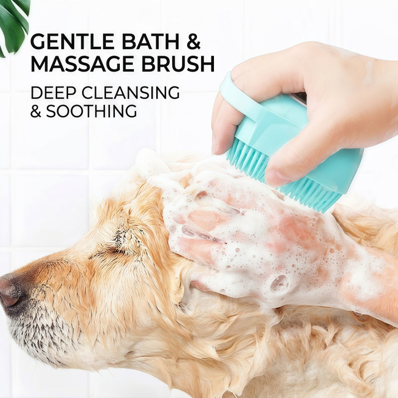 Soft Silicone Bath Brush & Pet Grooming Massager with Soap Dispenser, Ergonomic Non-Slip Body Scrubber