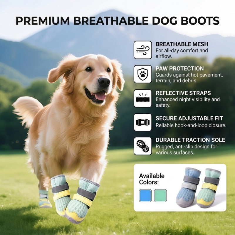Breathable Mesh Tall Dog Boots with Reflective Straps and Anti-Slip Rubber Sole, Protective Dog Shoes for Hot Pavement and Rain, 4-Pack