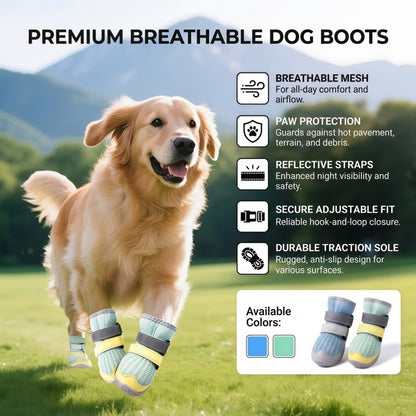 Breathable Mesh Tall Dog Boots with Reflective Straps and Anti-Slip Rubber Sole, Protective Dog Shoes for Hot Pavement and Rain, 4-Pack