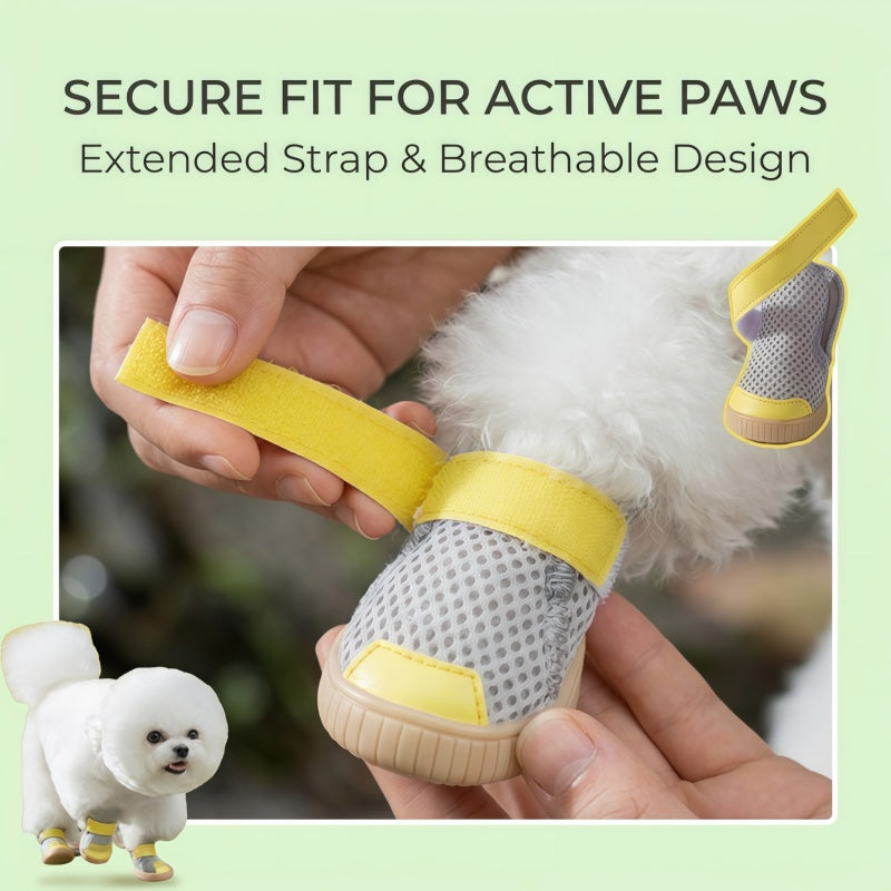 Breathable Mesh Dog Boots for Small Breeds - Non-Slip Pet Shoes with Adjustable Straps (Grey/Yellow)