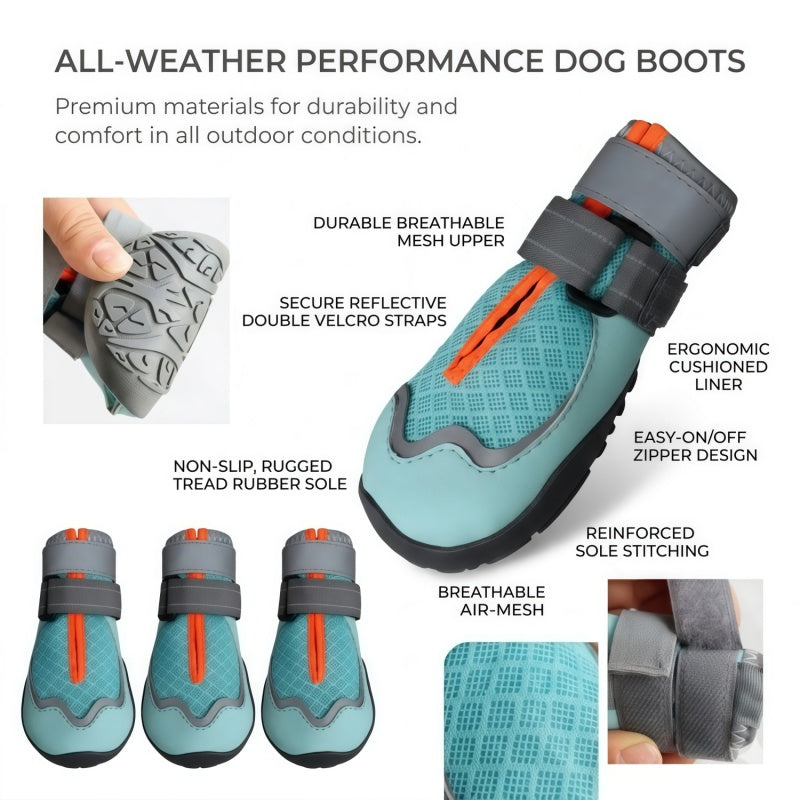 All-Weather Breathable Mesh Dog Boots with Anti-Slip Rubber Sole and Reflective Straps - Set of 4