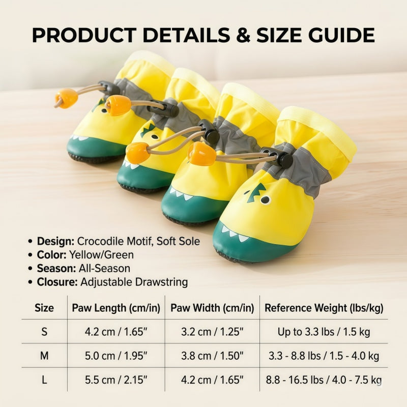Anti-Slip Dog Boots with Adjustable Drawstring, Soft Sole Crocodile Pet Shoes - 4 Pack