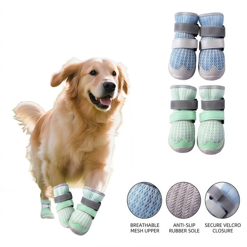 Breathable Mesh Tall Dog Boots with Reflective Straps and Anti-Slip Rubber Sole, Protective Dog Shoes for Hot Pavement and Rain, 4-Pack