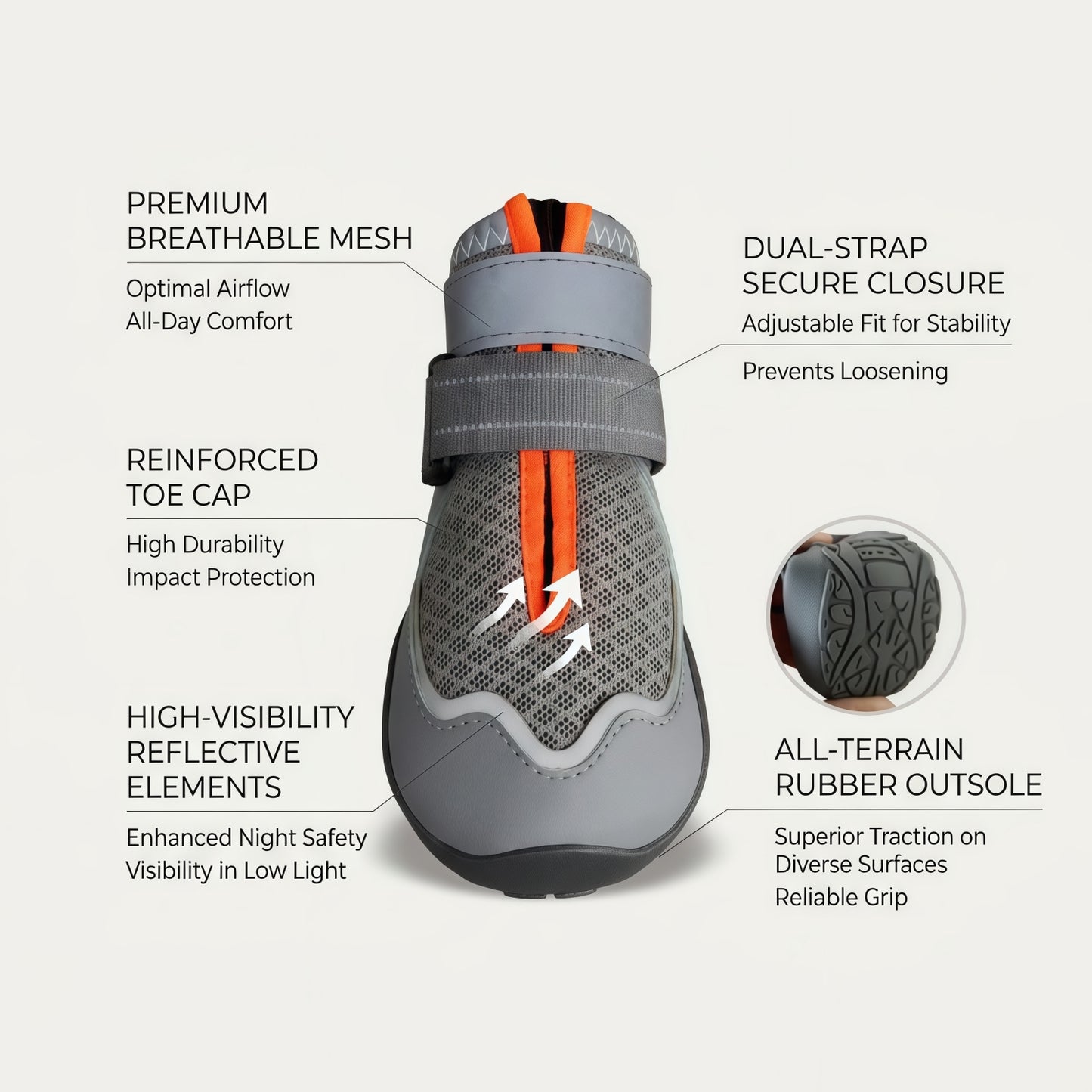 All-Weather Breathable Mesh Dog Boots with Anti-Slip Rubber Sole and Reflective Straps - Set of 4