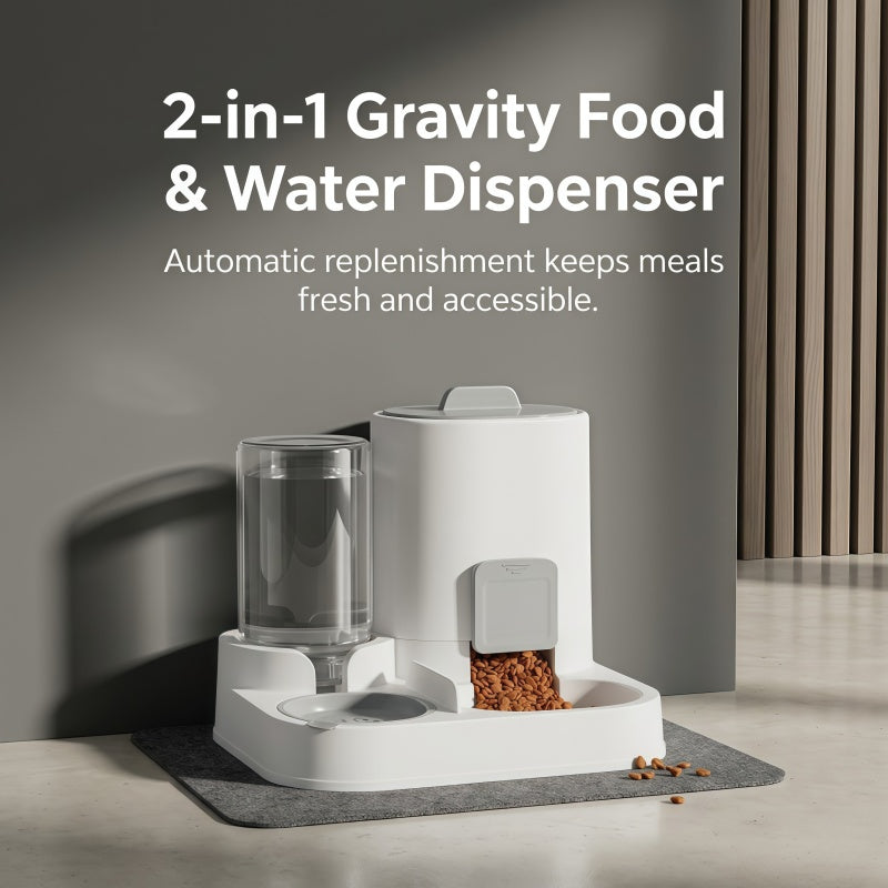 2-in-1 Gravity Pet Feeder and Water Dispenser Set for Cats & Small Dogs, Automatic Waterer & Dry Food Storage Station