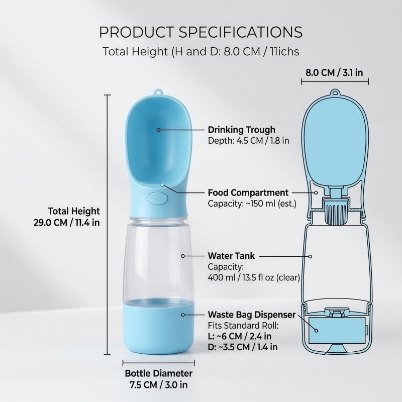 4-in-1 Portable Dog Water Bottle with Food Container & Waste Bag Dispenser - 400ml / 13.5 fl oz